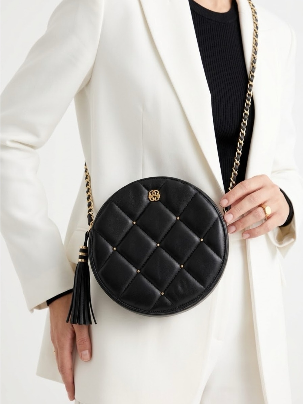 Vintage 80s Marlene's Gaines Black Quilted Leather Circle Crossbody Chain Bag